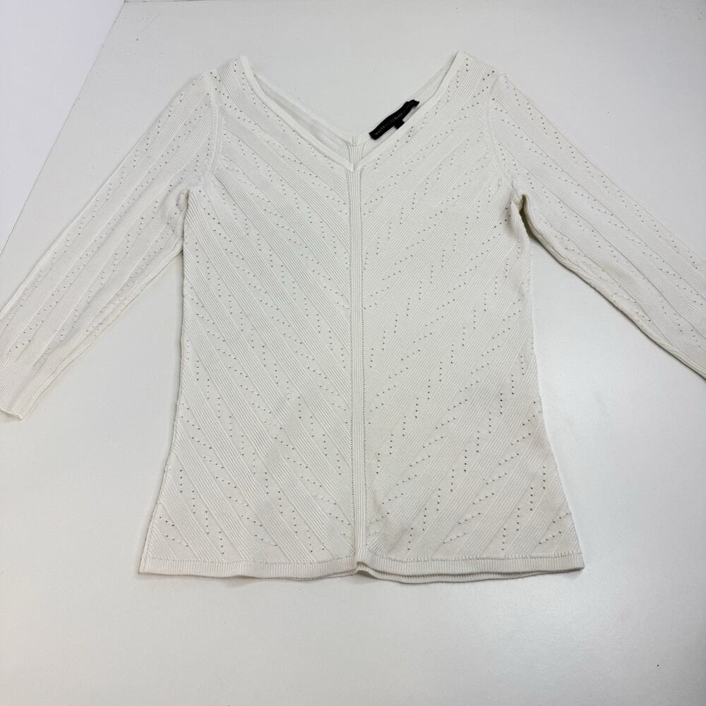 WHBM White Pointelle Knit Chevron Novelty Stitch V-Neck Pullover Sweater Top S